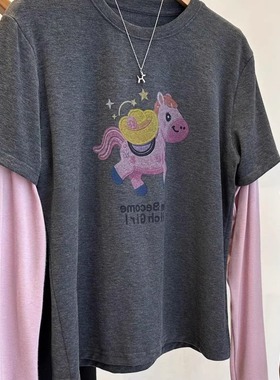 韩系卡通小马刺绣长袖T恤撞色假两件拼接设计感减龄磨毛内搭上衣