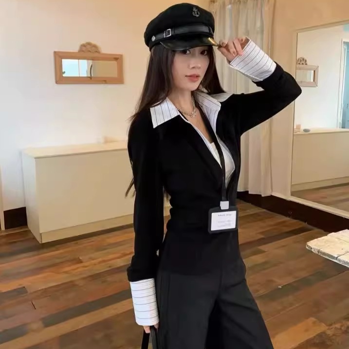 假两件拼接翻领T恤女冬季设计感小众收腰修身针织衫打底百搭上衣