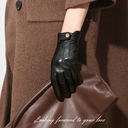 沙特进口小羊皮手套女秋冬季时尚修手真皮手套女士触屏皮手套