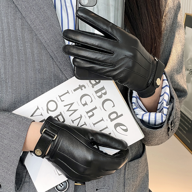 触屏羊皮真皮手套女薄款单皮短款骑车开车秋冬季加绒保暖修抗寒潮