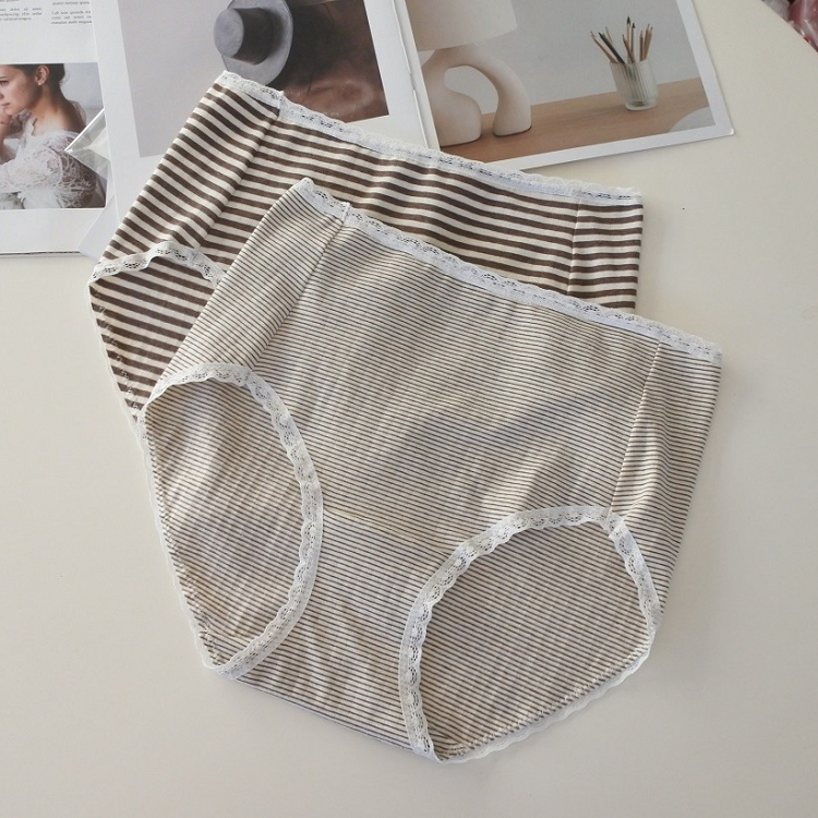 满59包邮日单好看两色条纹舒适绵柔全棉中高腰包臀无痕三角裤