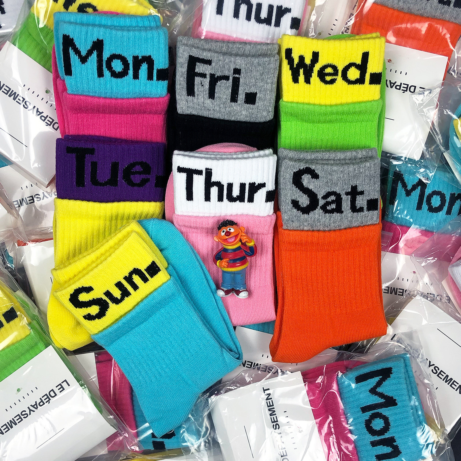 原创双层解构星期袜拼接撞色中筒袜春夏季假两件运动袜糖果色短袜