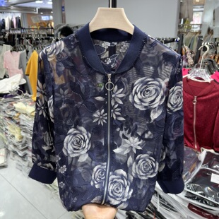 中老年宽松小衫 新款 短 夏季 洋气印花微透防晒衣棒球服薄外套妈妈装