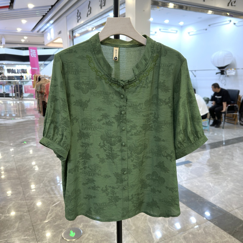 2025夏季新款妈妈装文艺棉麻印花短袖t恤女宽松开衫上衣亚麻衬衫
