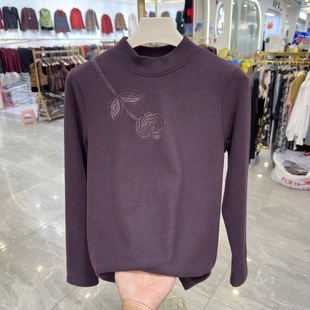 妈妈装 洋气中老年显瘦长袖 刺绣花朵半高领打底衫 新款 上衣 冬季 时尚