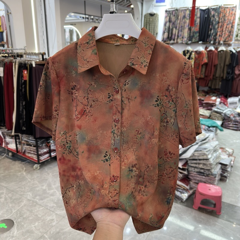 妈妈装仿真丝翻领印花短袖衬衫