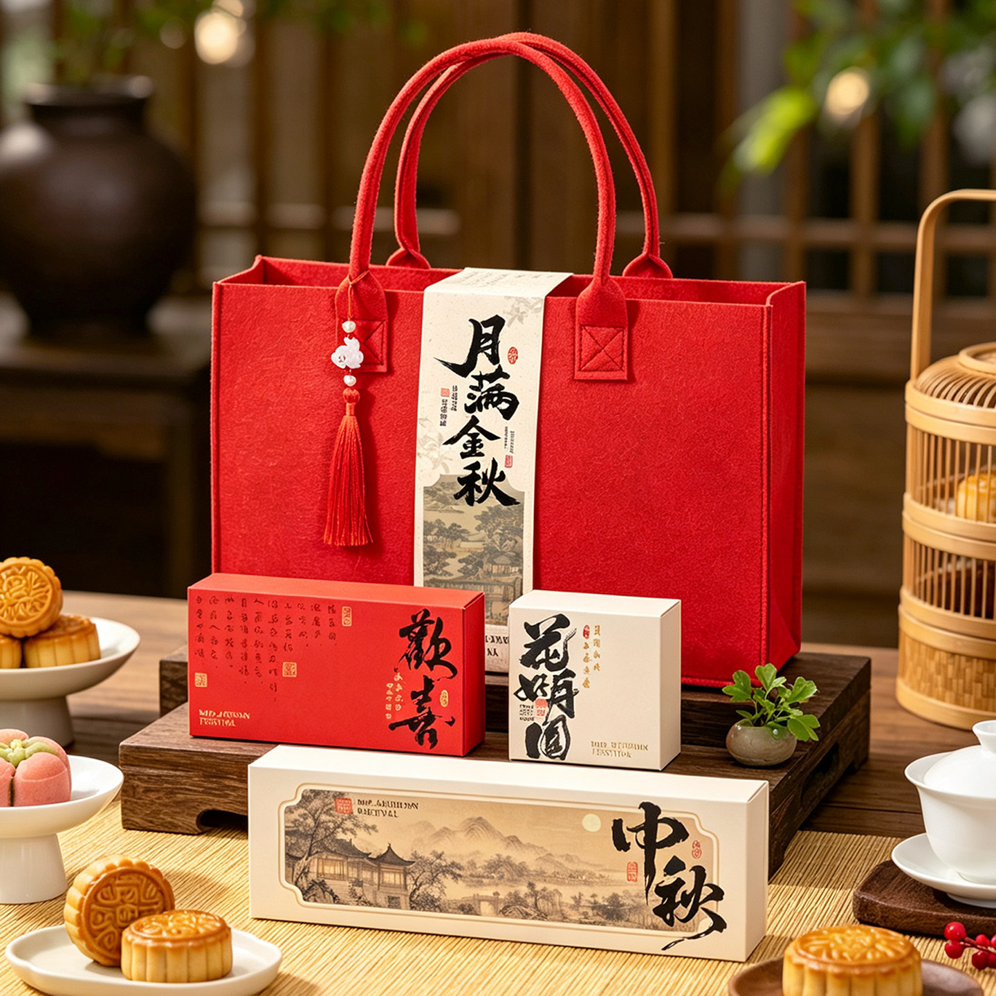 2026新款中秋月饼礼盒高档包装盒9粒手提毛毡包礼品盒空盒子定制