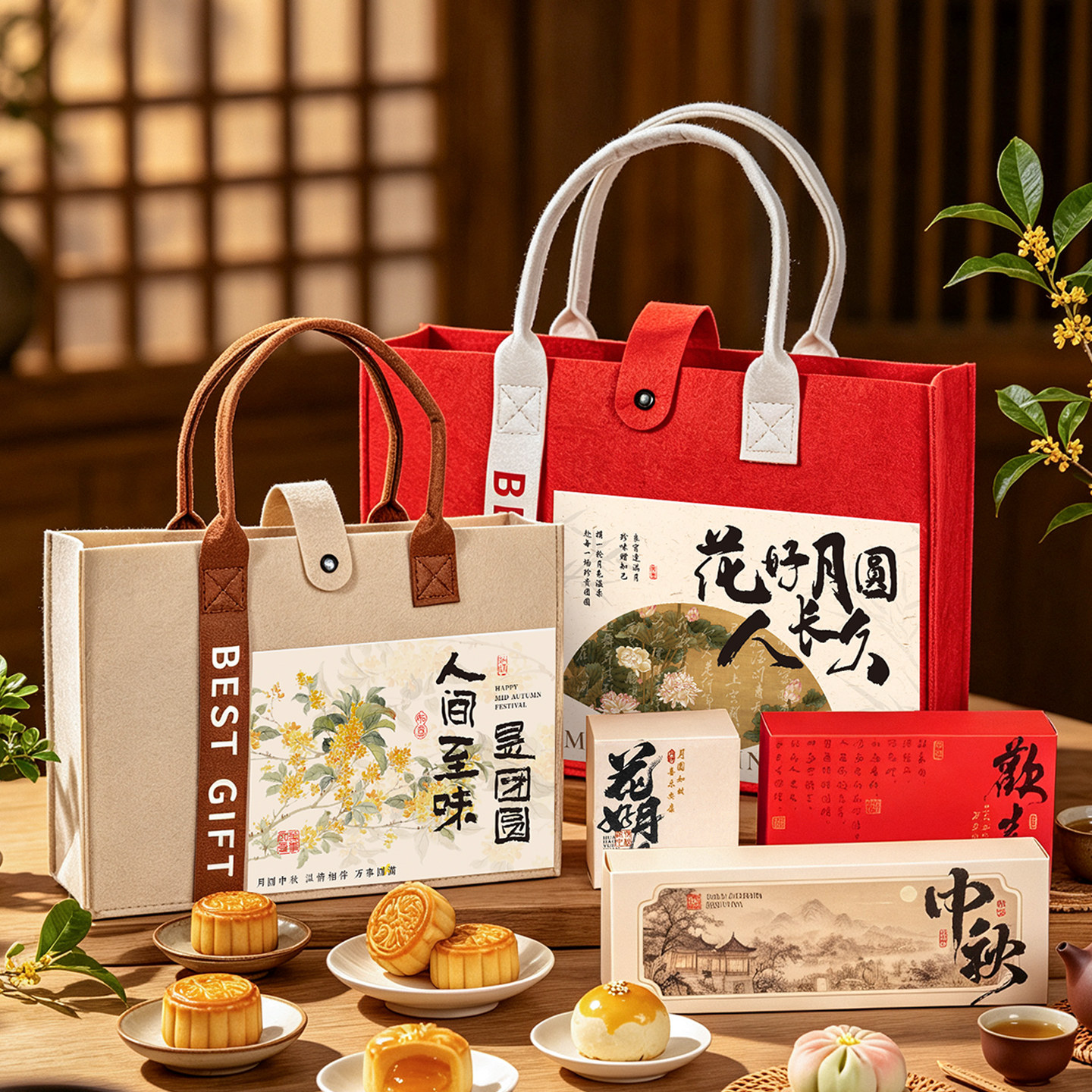2026中秋节月饼礼盒空盒手提毛毡包月饼盒包装盒企业团购定制批发