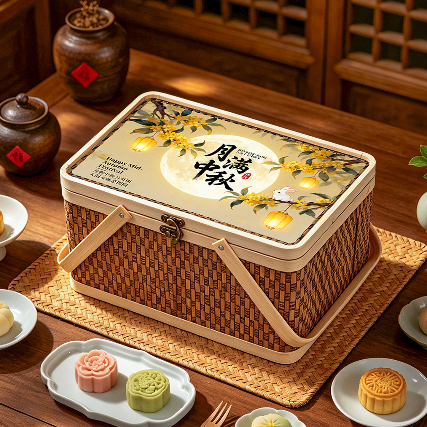 月饼礼盒中秋节礼盒空盒手提竹篮包装盒高档礼品盒精美大气可定制