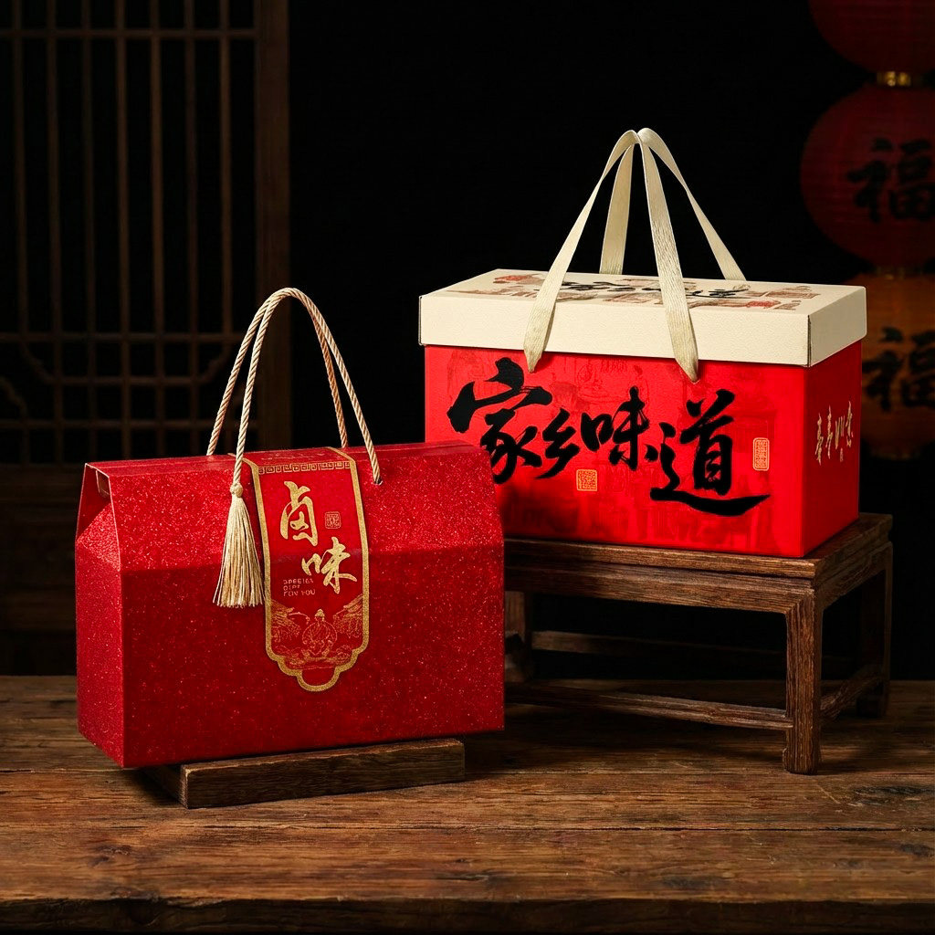 新年礼盒送礼卤味土特产坚果贺新年腊味腊肠牛肉包装空盒定制文字
