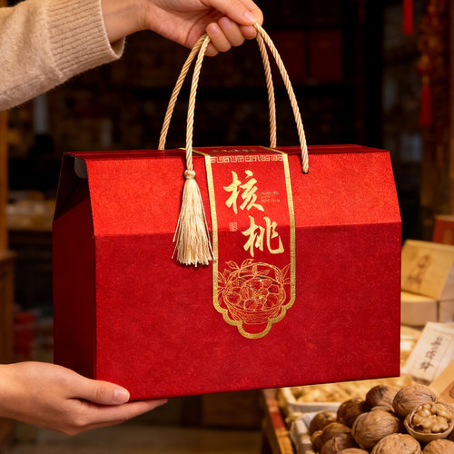 核桃礼品盒鲜猪肉包装礼盒空盒子烫金流苏手提熟食腊味特产盒定制