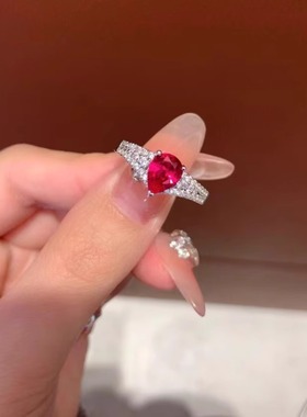 水滴形实验室培育红宝石戒指女纯银镀白金梨形人工彩宝钻戒食指环
