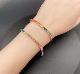 渐变色宝石彩虹手链女925纯银镀白金四爪仿彩色蓝宝石手镯彩宝