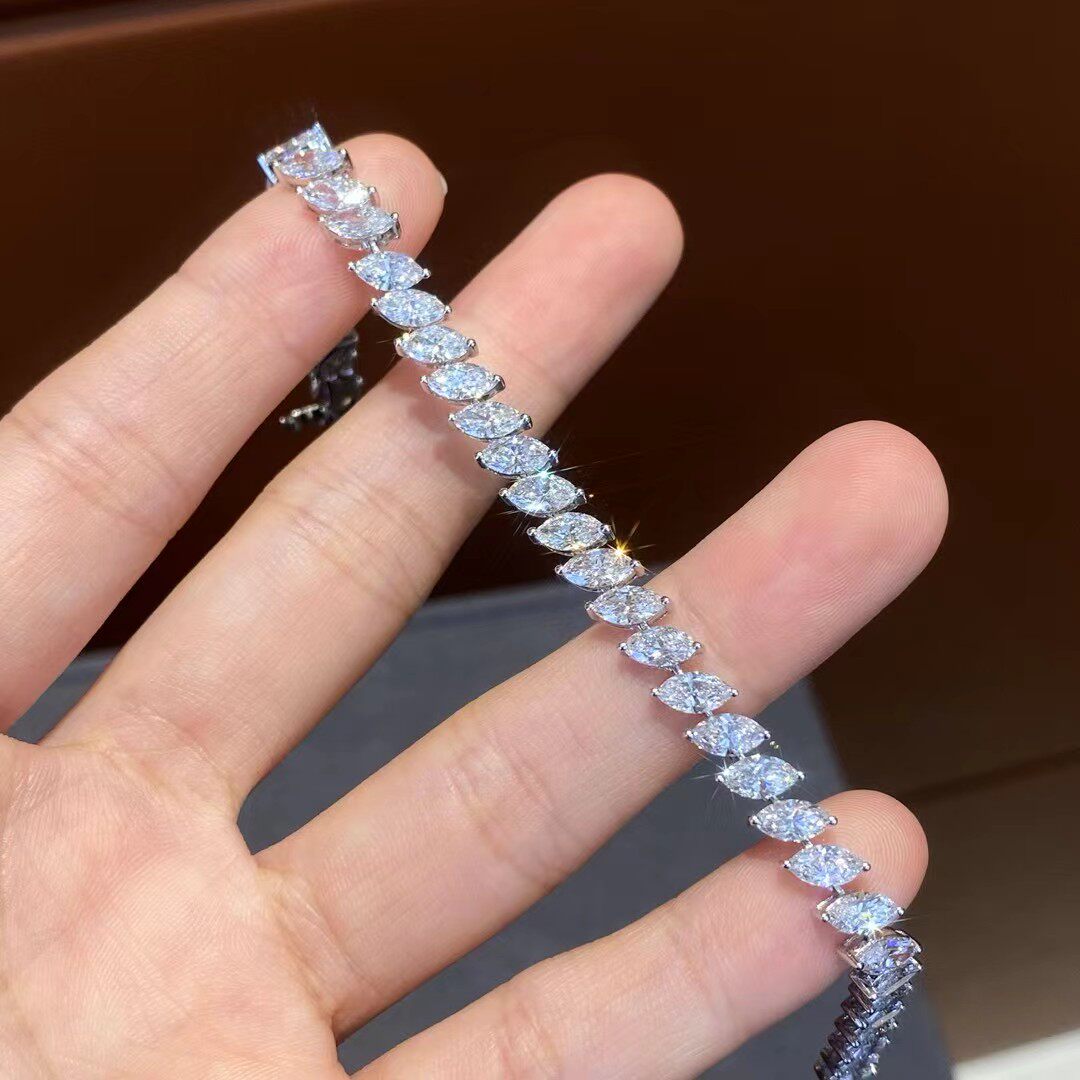 马眼钻培育钻手链女18K白金满钻合成钻石25分手串手镯礼物可定制