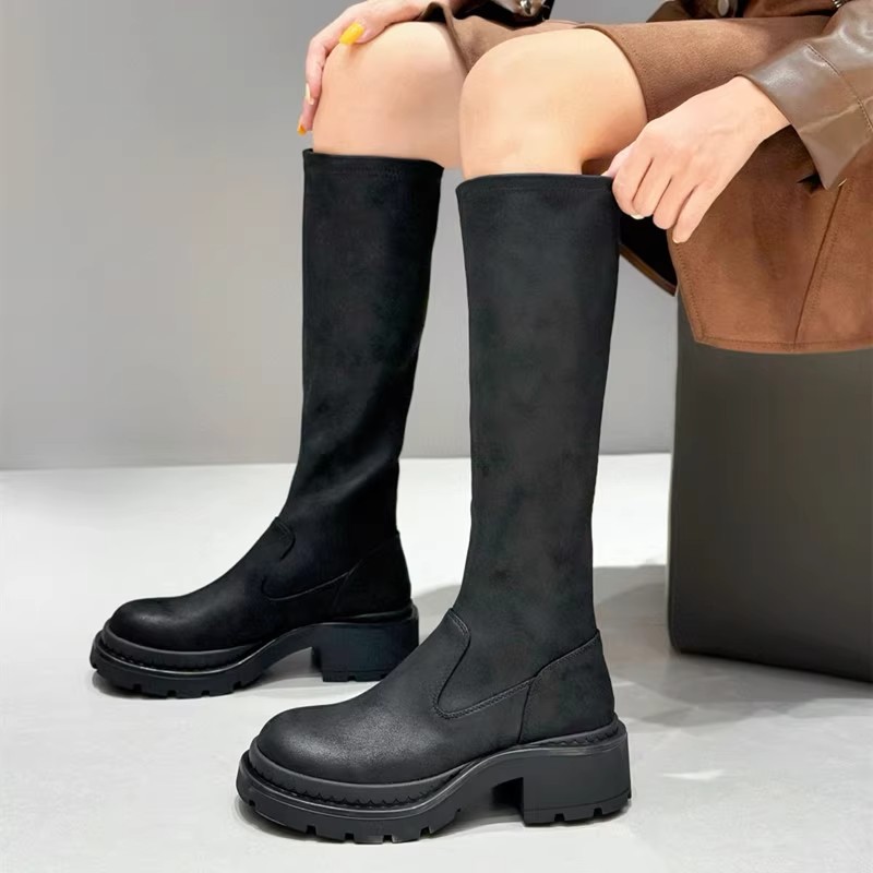 欧货厚底粗跟弹力长筒靴女弹力靴