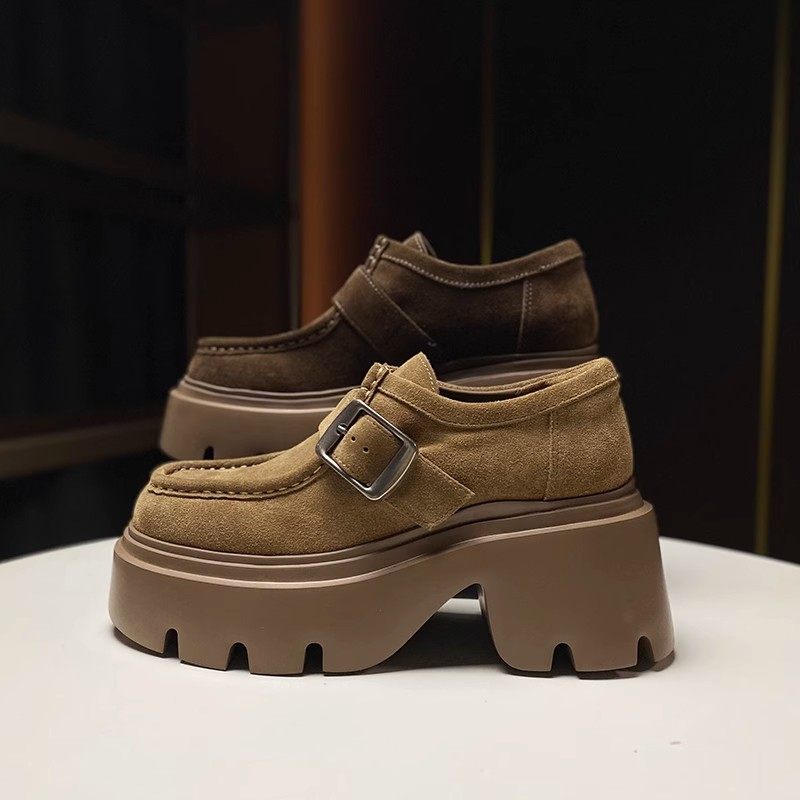 欧洲站2026春秋新款真皮厚底增高乐福鞋女时尚复古搭扣休闲百搭鞋