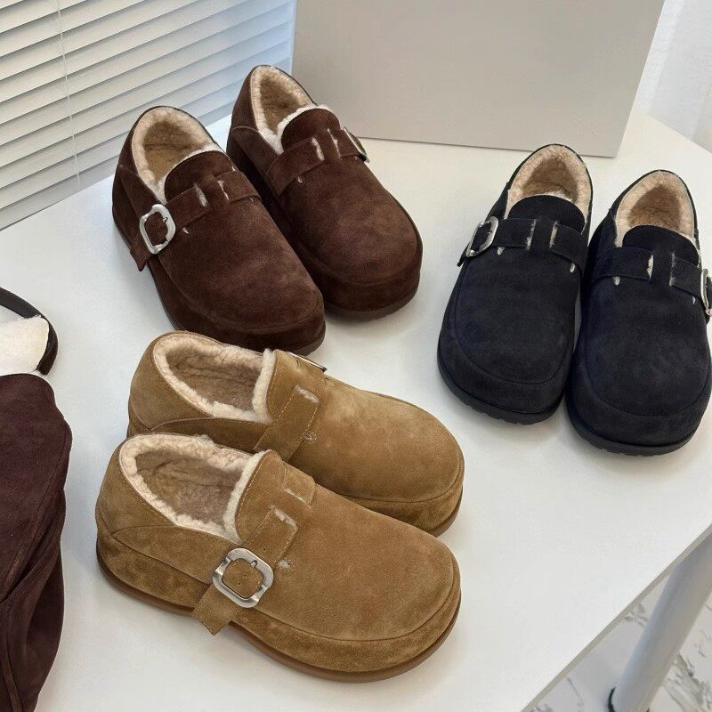 增高5cm小个子一脚蹬乐福鞋女加绒保暧棉鞋厚底真皮勃肯鞋毛毛鞋