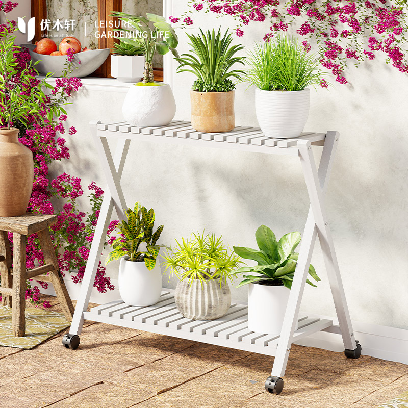 带轮子白色防腐木花架展示置物架