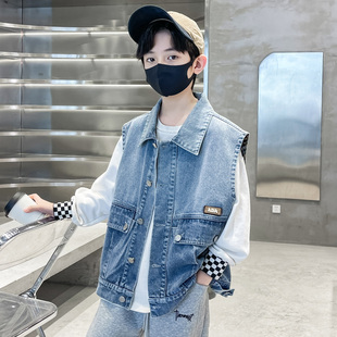 男童牛仔翻领儿童马甲童装坎肩外套男孩春季新款大童时髦帅气学生