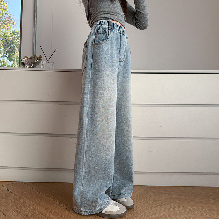 女童2026春季新款脚口绣花烫钻牛仔裤儿童休闲裤阔腿裤大童时髦潮