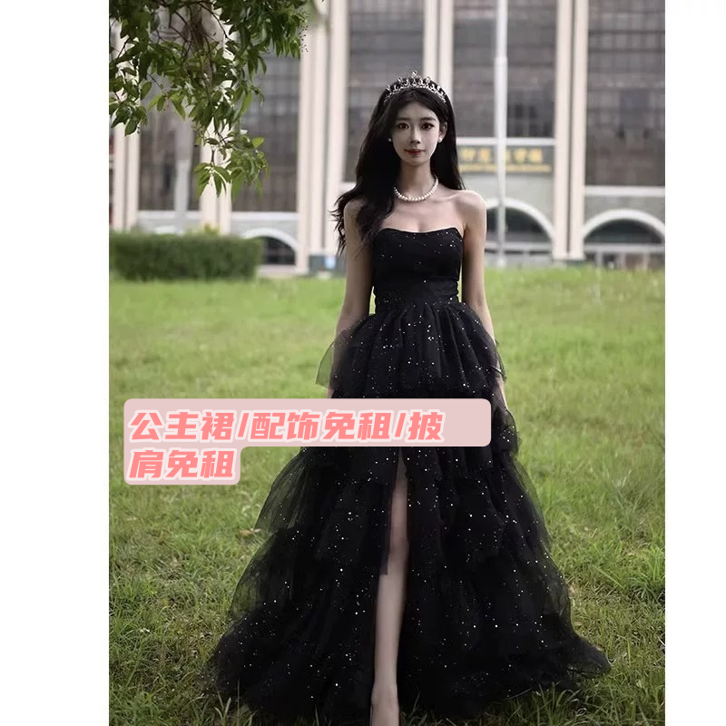 出租黑色晚礼服2025新款宴会一字肩气质轻奢小众高级感主持人艺考