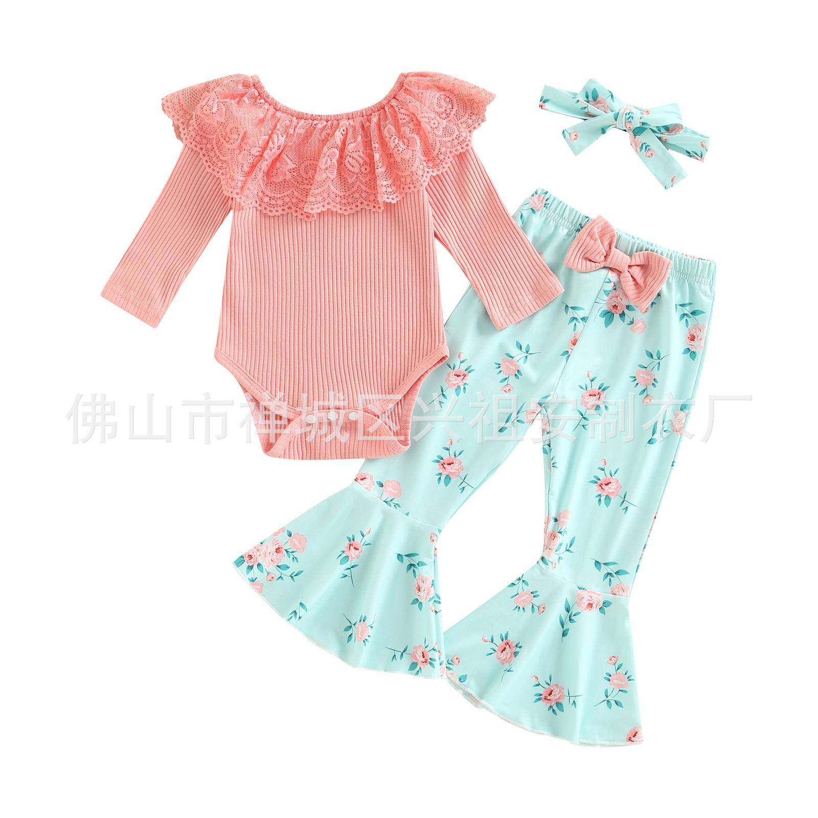 欧美秋季新款女婴长袖连体衣裤花卉喇叭裤头带女婴服装