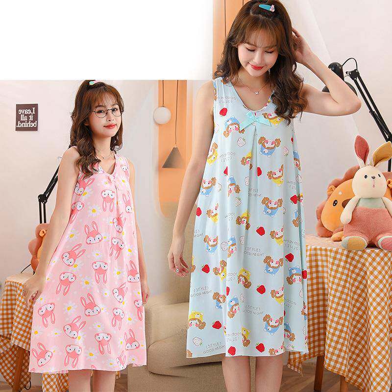 女童棉绸睡裙亲子夏季薄款连衣裙绵绸吊带女大童母女夏款儿童睡衣