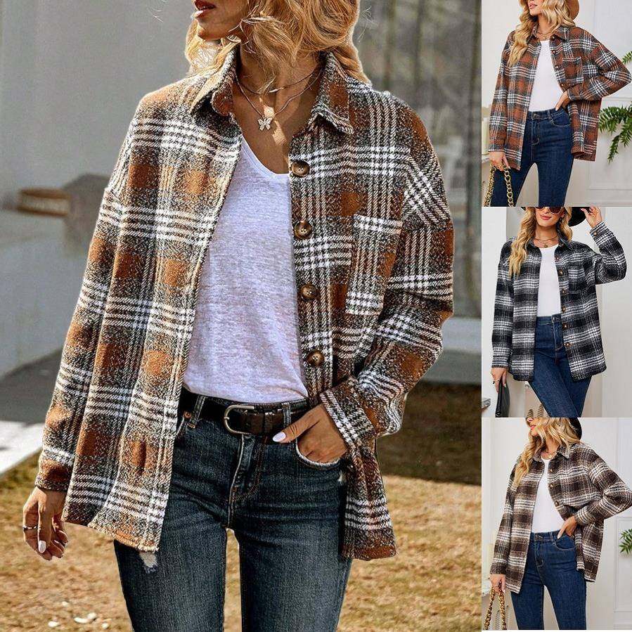 欧美跨境女装亚马逊秋冬新款休闲时尚口袋宽松格子毛呢外套女