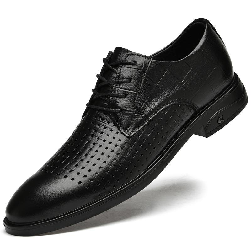 春季新款皮鞋男尖头商务正装英伦系带韩版透气缕空百搭潮男