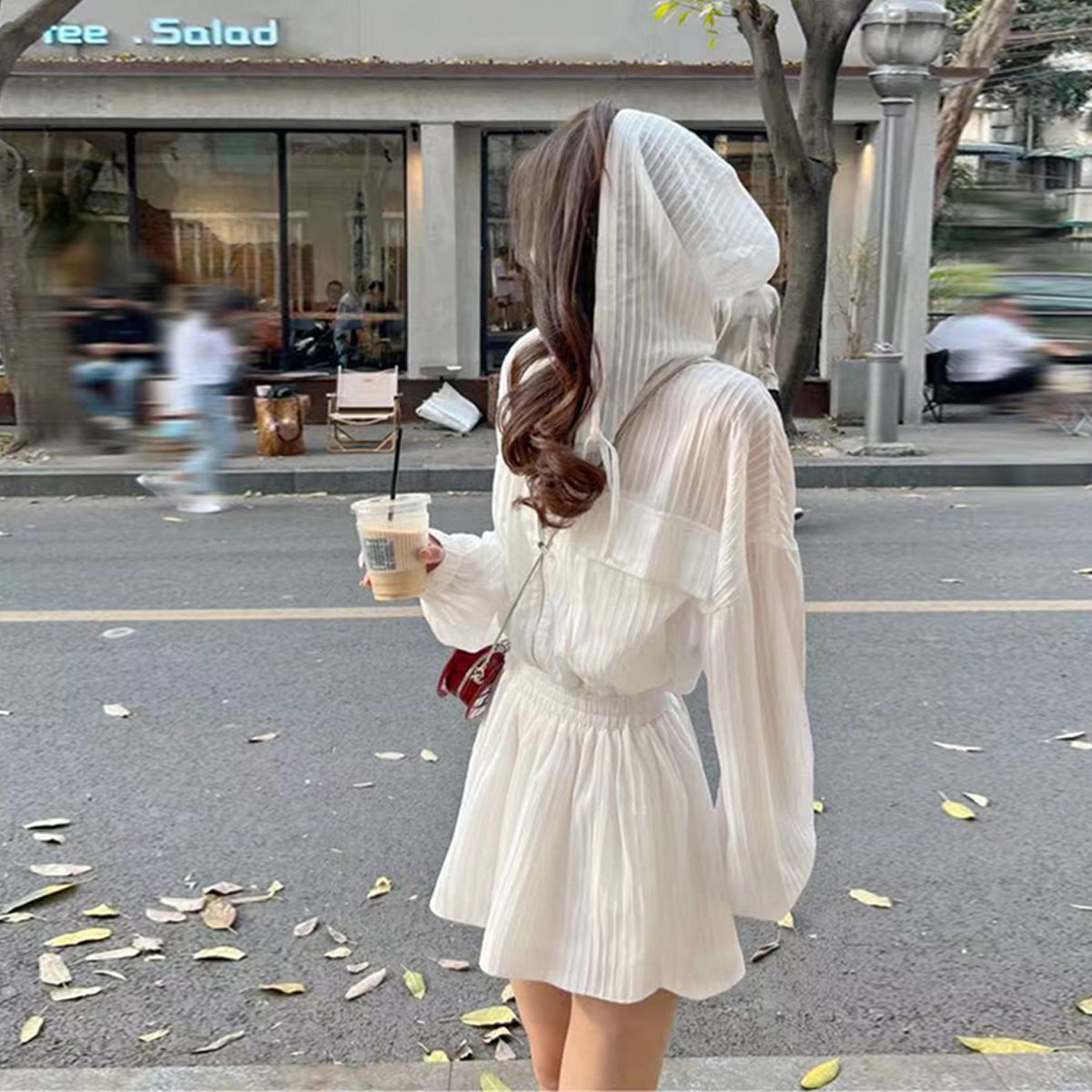 夏季小个子网红时尚百搭盐系套装女薄款连帽开衫阔腿裤两件套