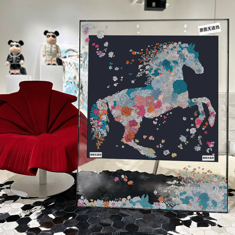 美式亚克力丝巾装饰画高级感飞马客厅壁画现代轻奢卧室大幅挂画