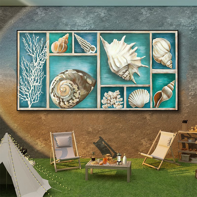 美式复古工业风餐厅壁画海洋生物装饰画贝壳海螺海边民宿酒店挂画图片