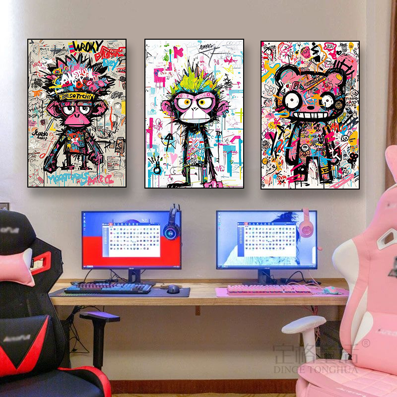 波普风猴子狮子挂画潮流电竞酒店房间装饰画创意动物涂鸦卧室壁画图片
