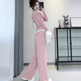 高个子加长粉色连帽卫衣阔腿裤 春秋时尚 休闲套装 两件套女2026新款