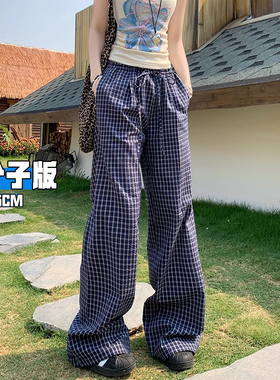 蓝色格子裤女春秋2025新爆款加长版高个子宽松慵懒风垂坠感阔腿裤