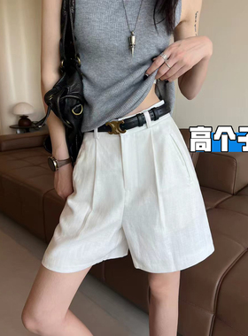高个子白色亚麻短裤女夏季2026新款宽松高腰老钱风休闲阔腿五分裤
