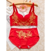 全棉纯棉本命年红色内衣套装 女无钢圈小胸聚拢调整型文胸结婚新娘