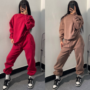 冬季新款男女宽松欧美纯色街头加厚摇粒绒套头情侣卫衣卫裤套装