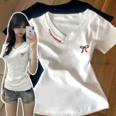 百搭韩版 显瘦遮肉辣妹V领夏季 上衣 T恤女2025年新款 蝴蝶结印花短袖