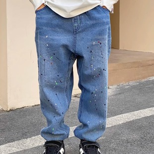 男童早春季泼墨直筒宽松牛仔长裤2025新款儿童男孩春秋帅气裤子潮