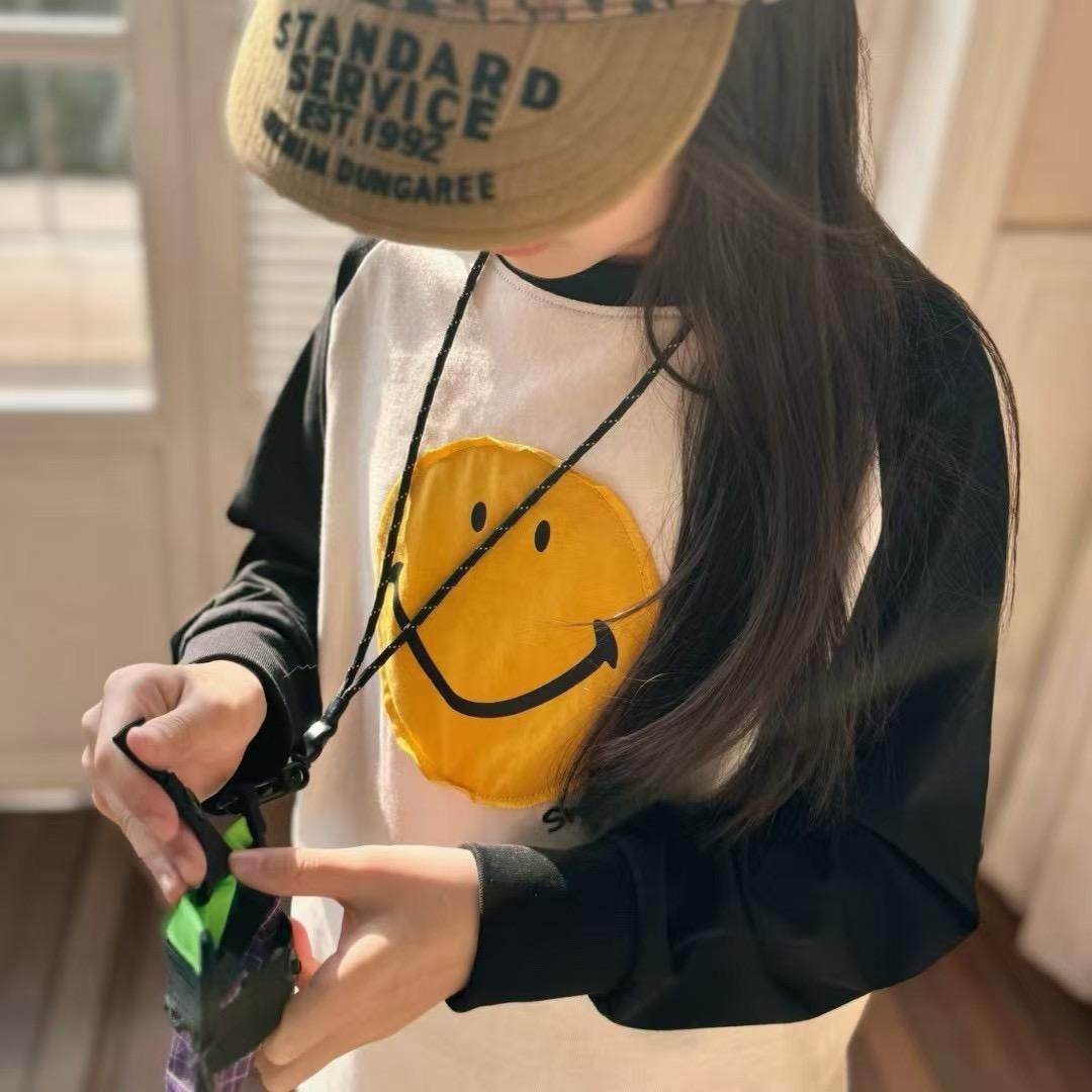 2025春夏新款儿童刺绣笑脸向日葵落肩男女童相拼插肩袖圆领T恤,童装/婴儿装/亲子装,T恤,淘宝优惠券,粉丝福利购,淘宝优惠卷