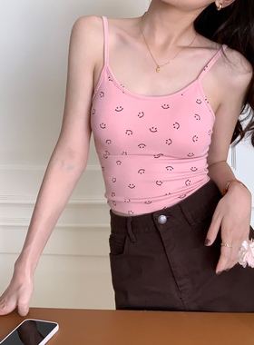韩系小众设计笑脸印花吊带背心显瘦短款内搭上衣女
