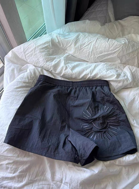 Minjiena韩国小众设计笑脸刺绣紫色亮粉色短裤休闲裤松紧腰短裤