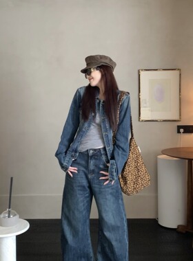 韩版复古牛仔套装女秋季2025新款长袖外套上衣高腰阔腿裤两件套潮