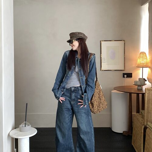 韩版复古牛仔套装女秋季2025新款长袖外套上衣高腰阔腿裤两件套潮