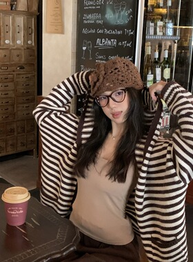 Work 32day韩系慵懒宽松条纹连帽针织衫毛衣外套