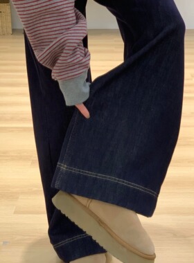 丹宁蓝美式宽松微喇阔腿牛仔裤女秋冬季新款高腰显瘦直筒拖地长裤