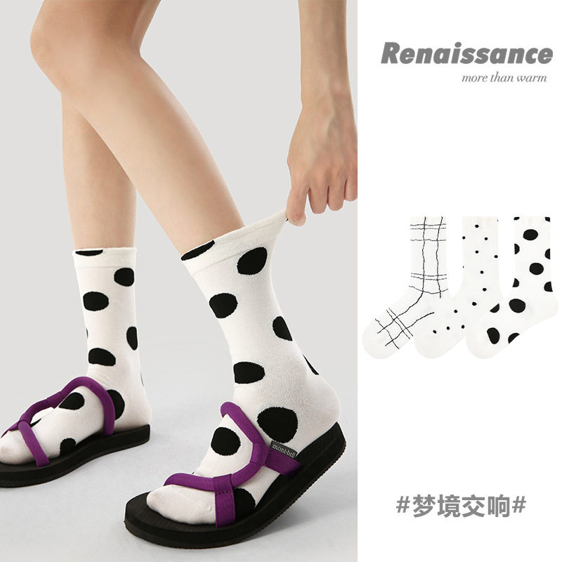 Renaissance原创女袜春夏季黑白波点中筒袜百搭简约精梳棉袜子女