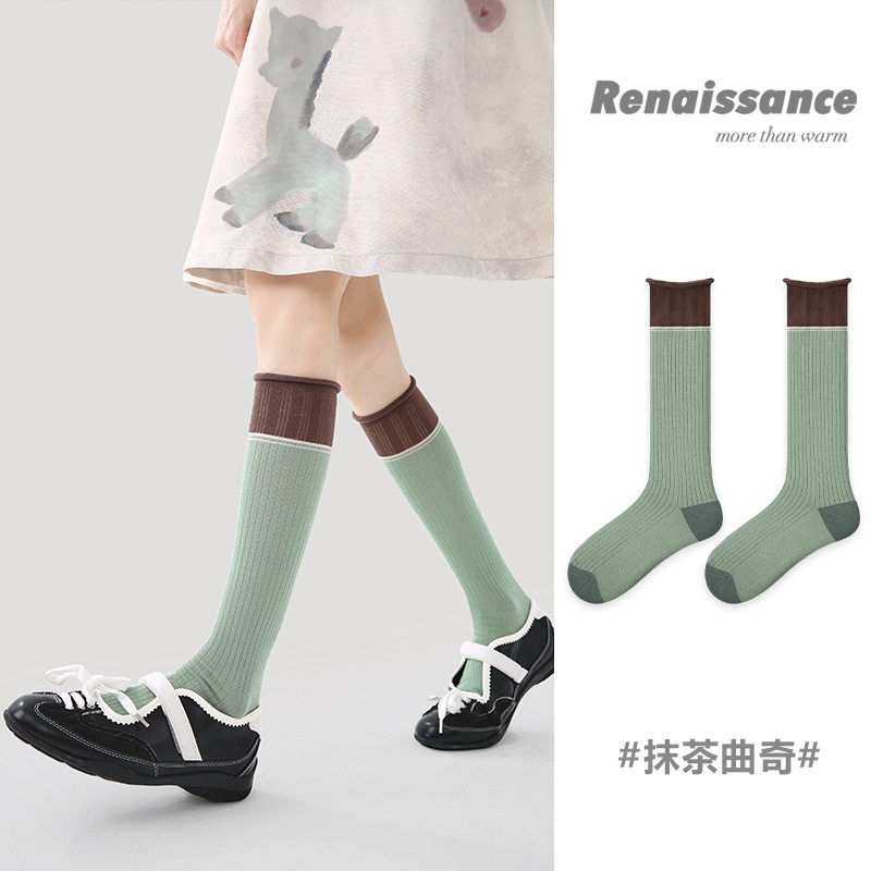 Renaissance原创女袜春夏抹茶堆堆袜网眼透气拼色简约中筒袜子女