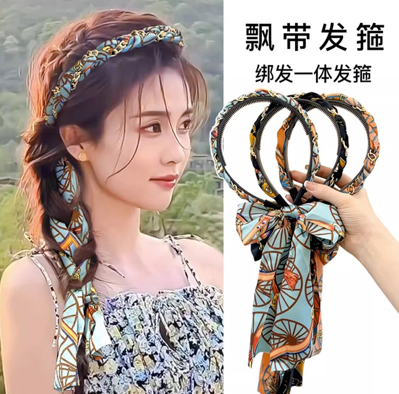 气质碎花发带丝巾绑发夏季飘带发箍一体女日常外戴系带编发头饰